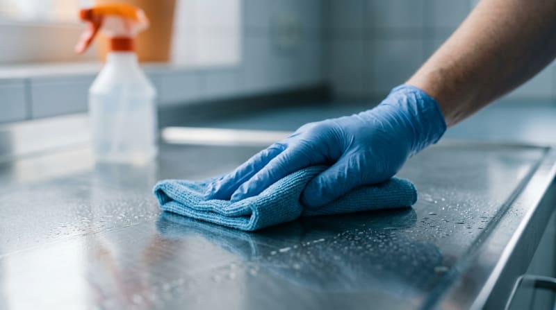 Hand im blauen Einweghandschuh wischt mit einem Mikrofasertuch eine Edelstahloberfläche zur Flächendesinfektion