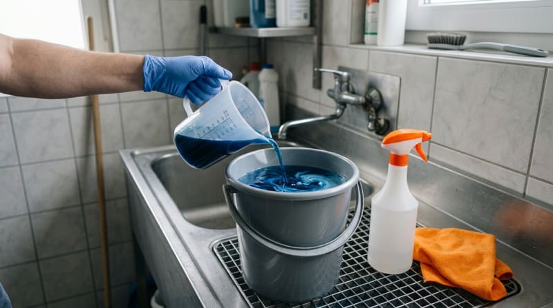 Dosierung von Reinigungs- und Desinfektionskonzentrat mit Messbecher in einen Eimer