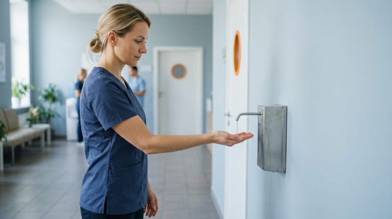 Wandmontierter Händedesinfektionsspender mit Armhebel in einem hellen Eingangsbereich