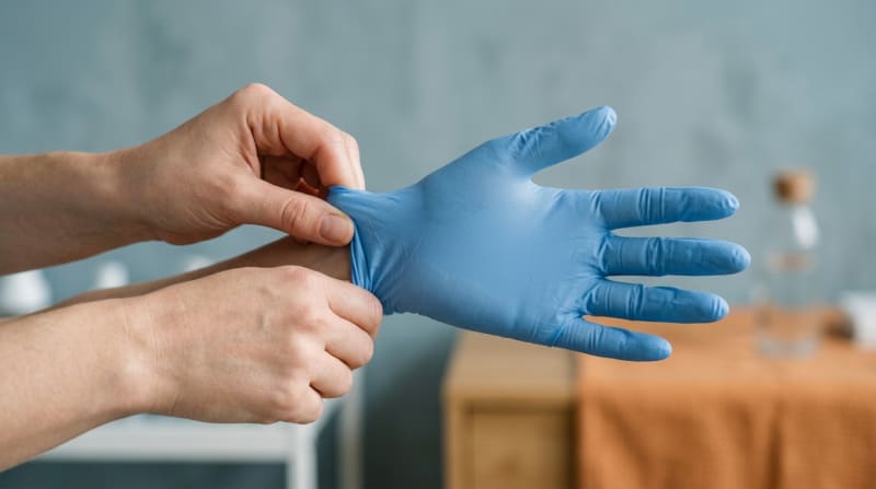 Person zieht sich einen blauen Nitril-Einweghandschuh über die Hand