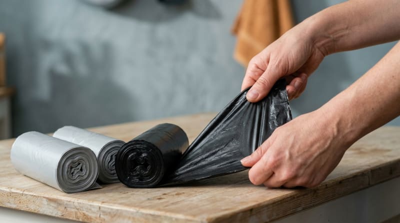 Hände ziehen einen Müllbeutel von einer Rolle ab, daneben weitere Rollen Abfallbeutel