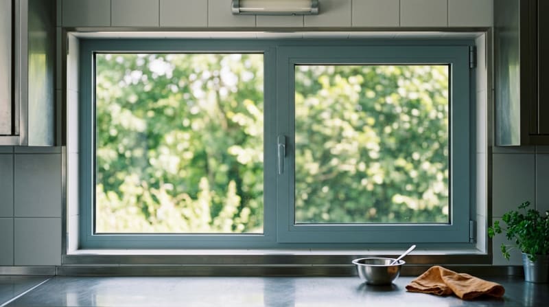 Küchenfenster mit Insektenschutzgitter in einer hellen Gewerbeküche