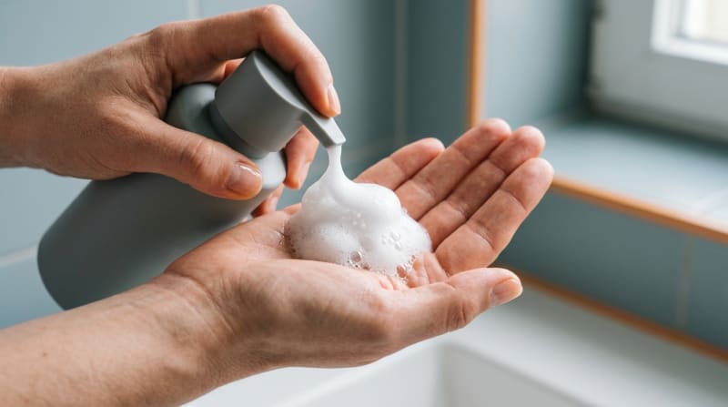 Weißer Seifenschaum wird aus einem Spender auf eine offene Handfläche gegeben