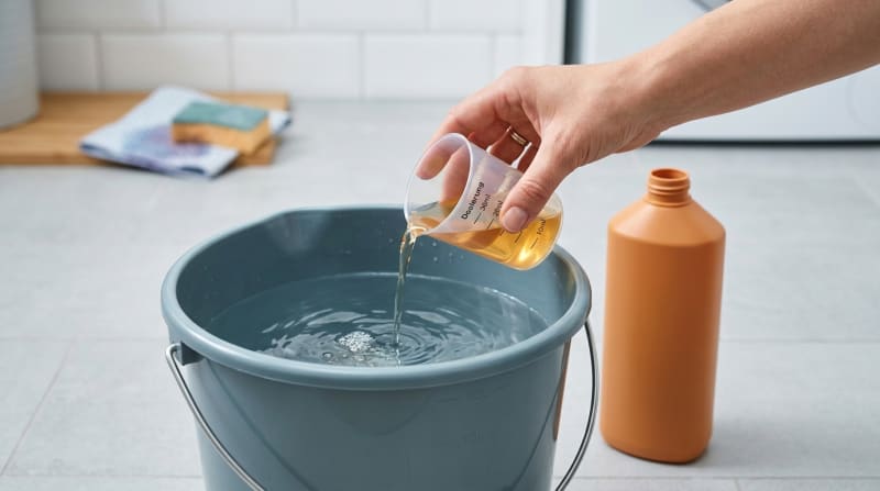 Hand dosiert Bodenreiniger-Konzentrat mit einem Messbecher in einen Putzeimer mit Wasser