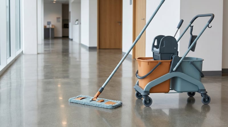 Flachwischsystem mit Mikrofaserbezug neben einem professionellen Zwei-Eimer-Reinigungswagen auf einem Gewerbeboden