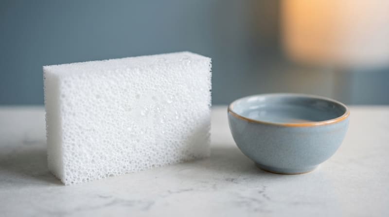 Nahaufnahme der offenporigen Struktur eines Melaminschwamms neben einer Schale Wasser