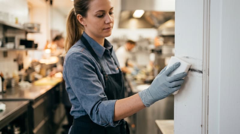 Reinigungskraft entfernt mit einem Melaminschwamm Striemen von einem Türrahmen in der Gastronomie