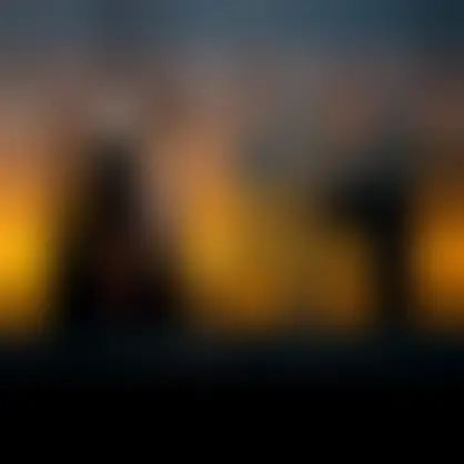 A group of musicians stand onstage, ready to play. A warm orange glow lights them from behind.