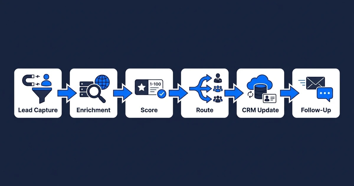 Captura de clientes potenciales, enriquecimiento, puntuación, ruta, CRM Actualización, seguimiento 