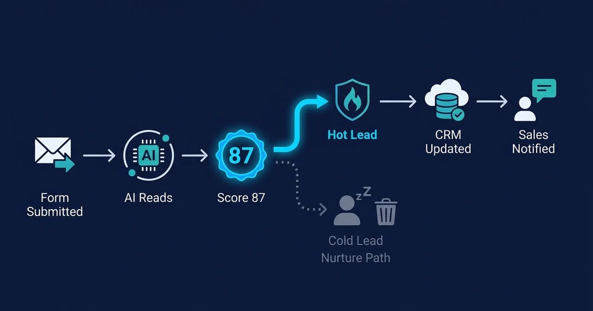 Form Submitted, AI Reads, Score 87, Hot Lead, CRM Updated, Sales Notified