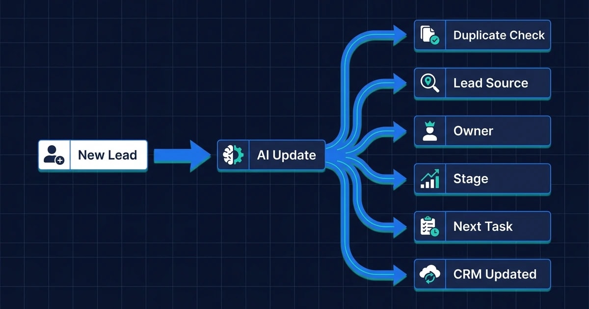 Nuevo lead, Comprobación de duplicados, Fuente del lead, Responsable, Etapa, Próxima tarea, CRM actualizado