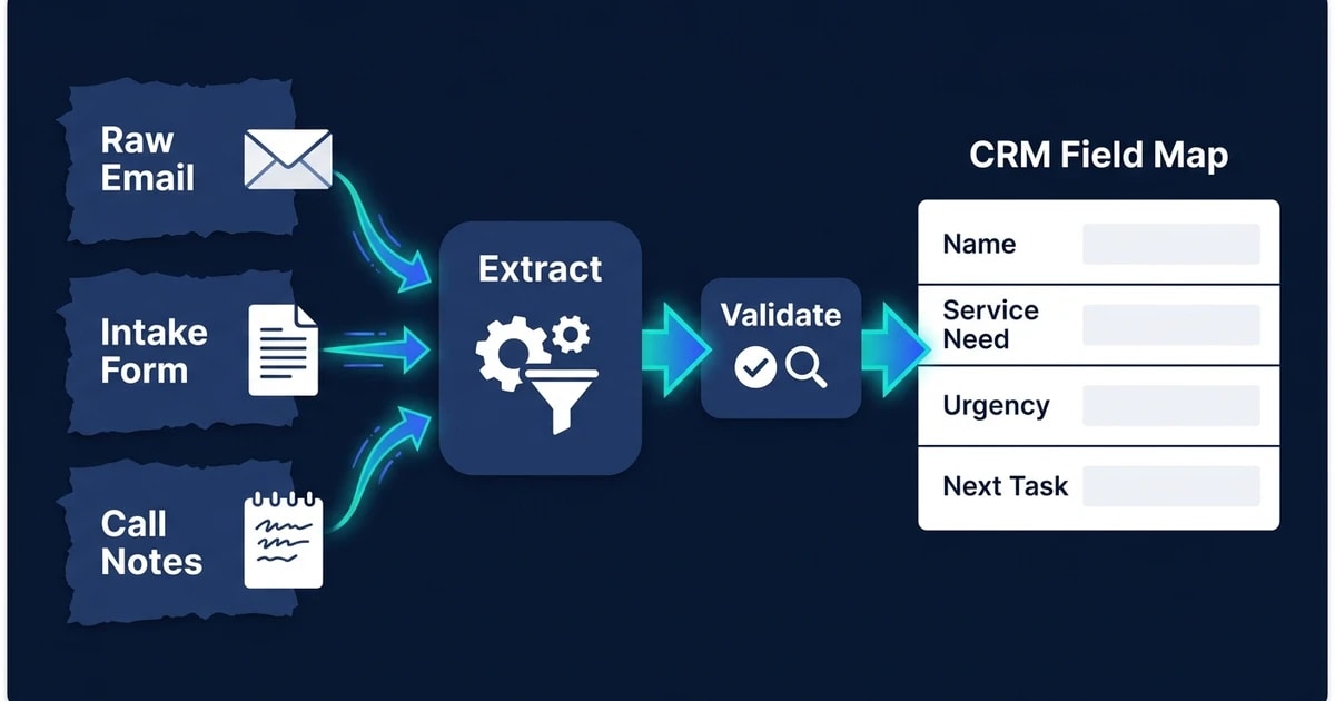 Raw Email, Intake Form, Call Notes, Extract, Validate, CRM Field Map