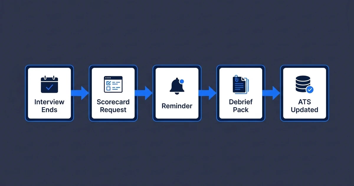 Interview Ends, Scorecard Request, Reminder, Debrief Pack, ATS Updated