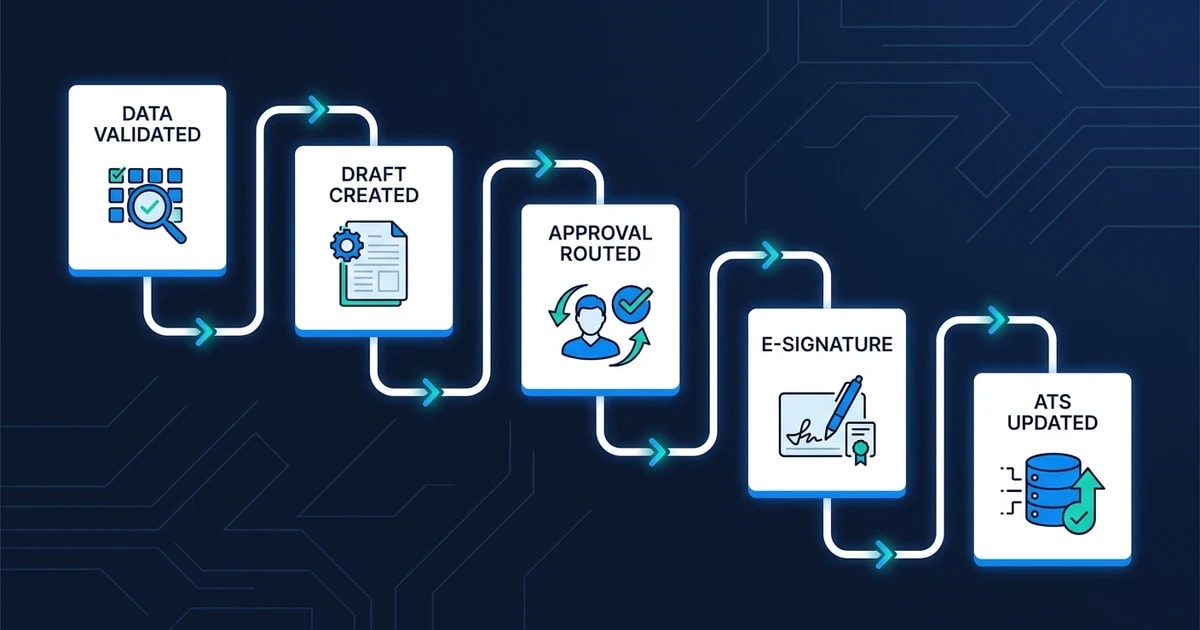 Data Validated, Draft Created, Approval Routed, E-signature, ATS Updated
