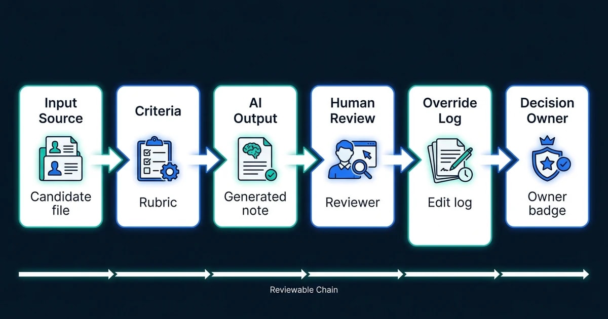Input Source, Criteria, AI Output, Human Review, Override Log, Decision Owner