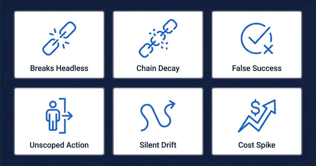"Breaks Headless", "Chain Decay", "False Success", "Unscoped Action", "Silent Drift", "Cost Spike"