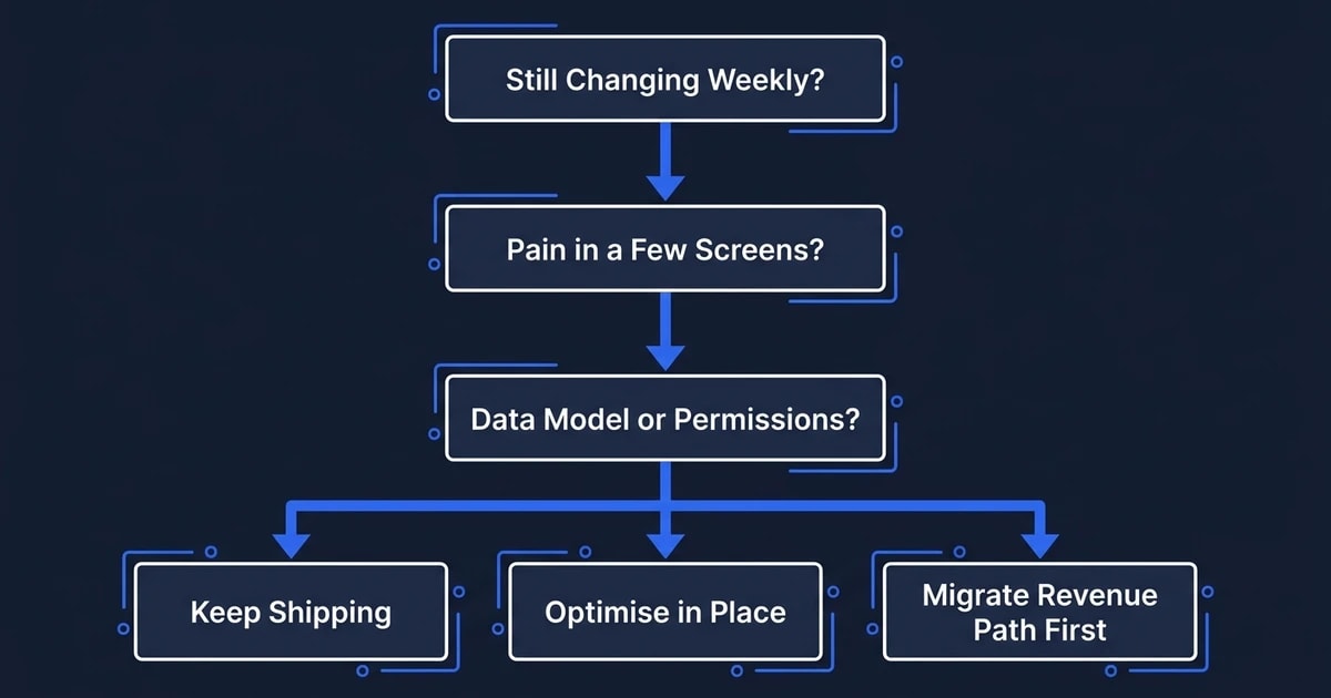 "Still Changing Weekly?", "Pain in a Few Screens?", "Data Model or Permissions?", "Keep Shipping", "Optimise in Place", "Migrate Revenue Path First"