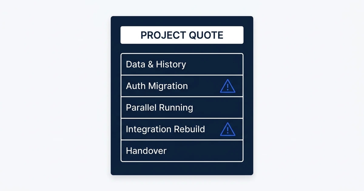 "Data & History", "Auth Migration", "Parallel Running", "Integration Rebuild", "Handover"