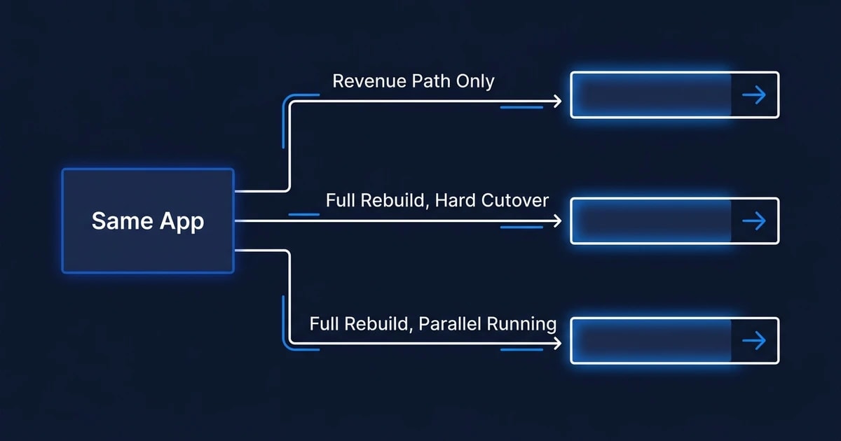 "Same App", "Revenue Path Only", "Full Rebuild, Hard Cutover", "Full Rebuild, Parallel Running"