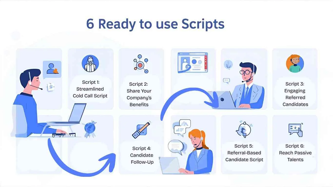 a professional, landscape banner divided into 6 equal sections for a WordPress blog headline: “Cold Call Script: Get To Know Better Responses With These 6 Free, Easy Scripts”.