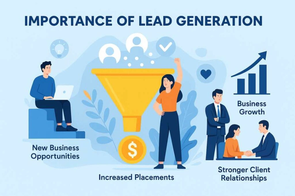 The image illustrates the importance of lead generation, showing how attracting leads through a funnel leads to increased placements, business growth, and stronger client relationships. Each section is visually represented with people working, connecting, and celebrating success.