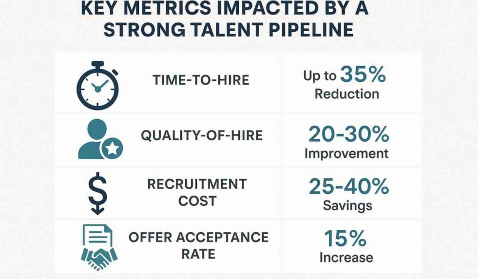 Infographic showing four key trends in the Chart of recruitment metrics improved by a strong talent pipeline, including time-to-hire, quality-of-hire, recruitment cost, and offer acceptance rate. with AI.