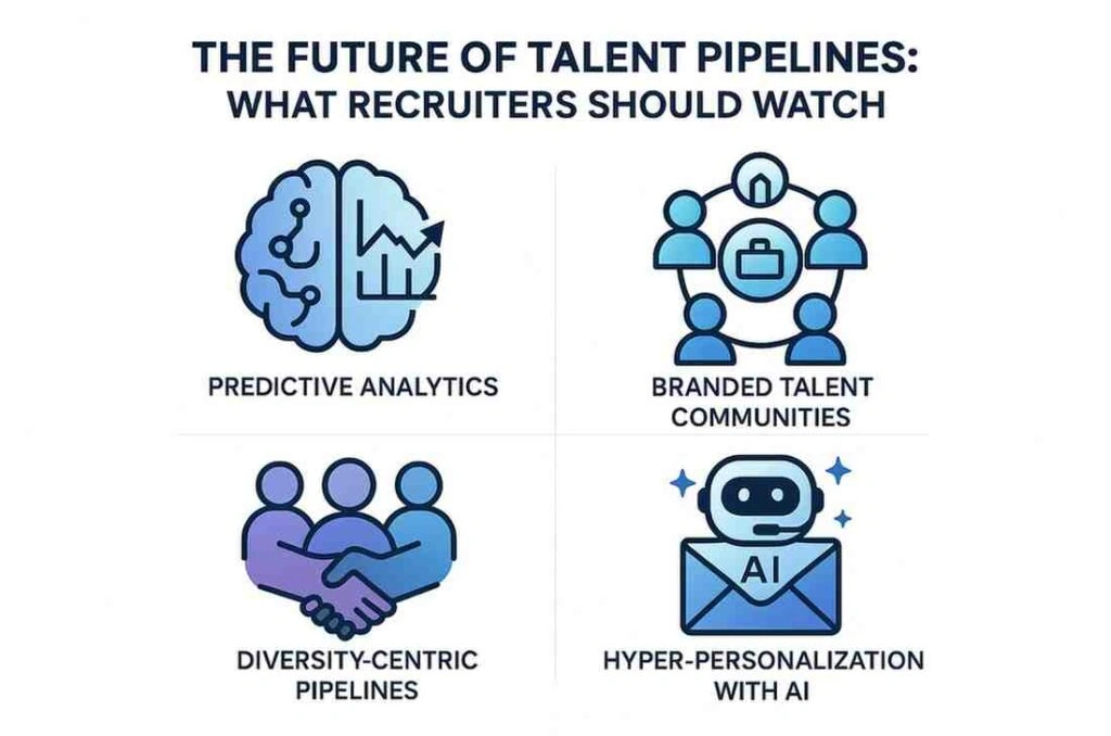 Infographic showing four key trends in the future of talent pipelines: predictive analytics, branded talent communities, diversity-centric pipelines, and hyper-personalization with AI.