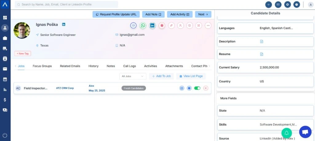 a candidate's view in ATZ CRM website