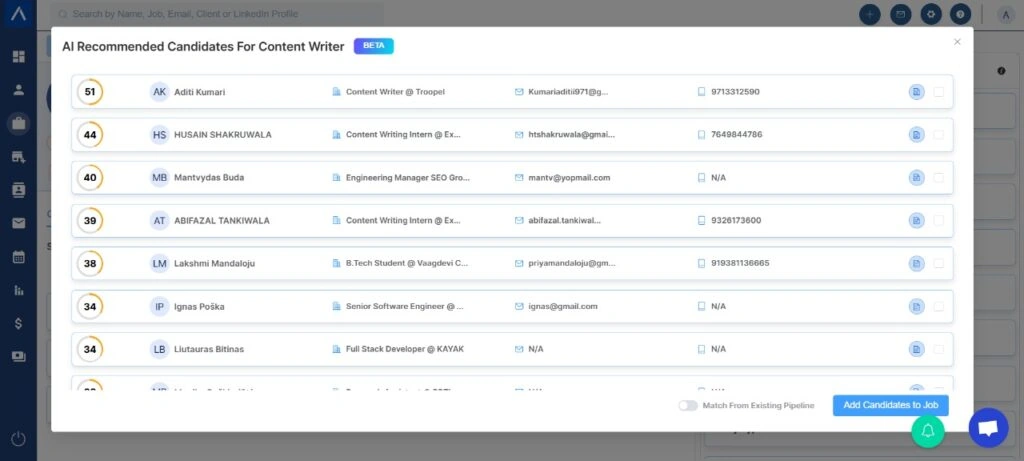 Job to candidate matching for a job in ATZ CRM Webapp