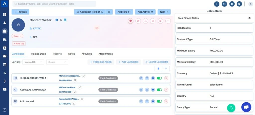 A job details page showcasing all the details of a job in ATZ CRM Webapp
