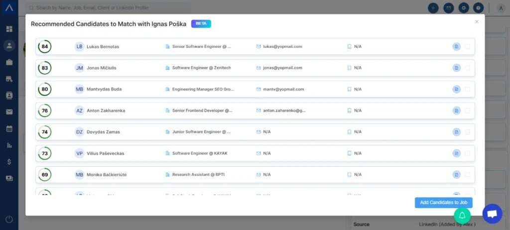 candidate matching for a candidate in ATZ CRM webapp