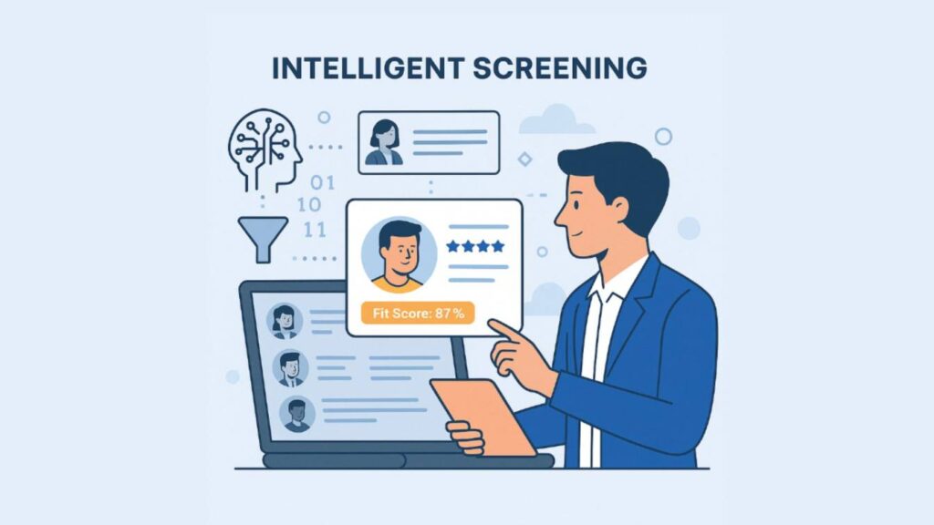 Illustration of recruiter using AI-powered intelligent screening tool on a laptop showing candidate fit score and ratings.