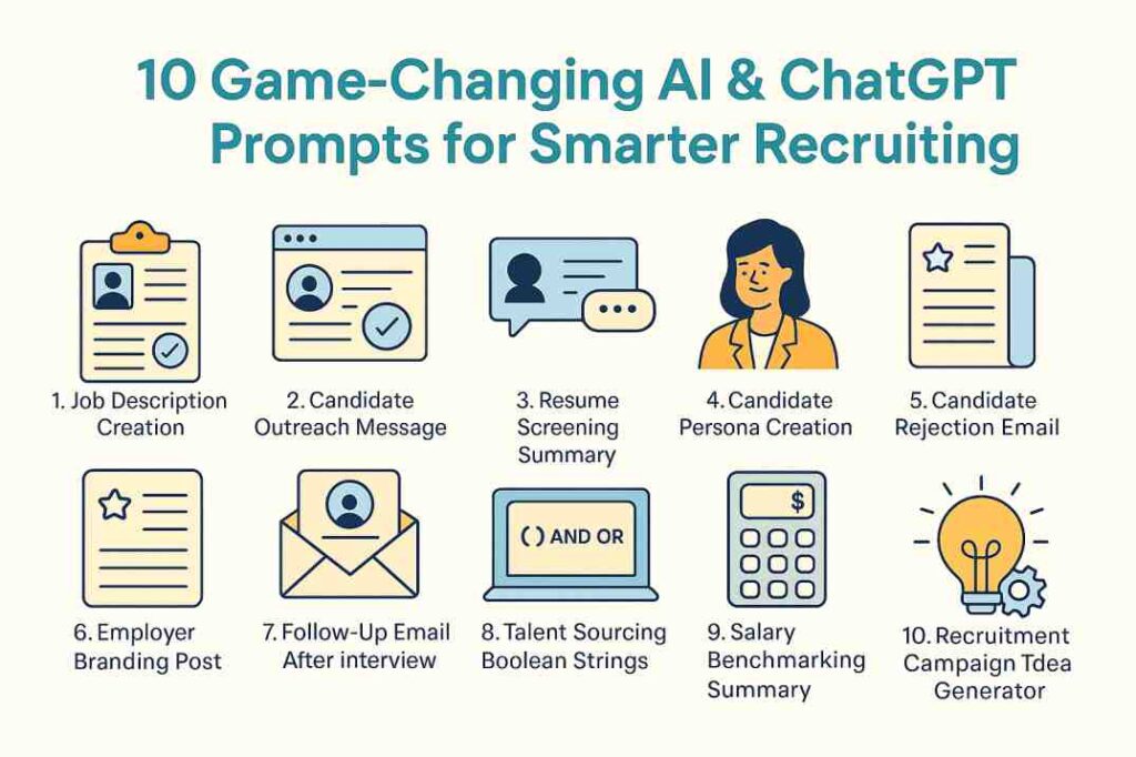 The image visually presents ten categorized prompts with icons and clean design elements to guide recruiters in using AI for hiring.