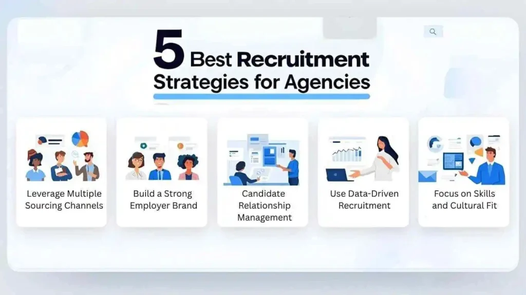 A sleek, modern landscape website banner titled “5 Best Recruitment Strategies for Agencies” displayed in bold, professional typography. The design is divided into five clean visual sections, each representing one strategy: 1. Leverage Multiple Sourcing Channels — illustrated with icons of job portals, LinkedIn, and social media connections. 2. Build a Strong Employer Brand — visuals of happy, diverse employees in a collaborative workspace with company logos or culture imagery. 3. Implement Candidate Relationship Management — a recruiter engaging in conversation or sending follow-up messages through a CRM dashboard. 4. Use Data-Driven Recruitment — charts, analytics dashboards, and data visualizations symbolizing performance tracking and insights. 5. Focus on Skills and Cultural Fit — handshake between a recruiter and candidate, emphasizing connection, teamwork, and alignment. The banner feels professional, clean, and inspiring, using a minimal blue and white color palette with touches of gradient or light motion effects. Subtle HR-related icons (magnifying glass, briefcase, graph, and chat bubble) unify the design. The overall mood conveys efficiency, strategy, and modern recruitment success.