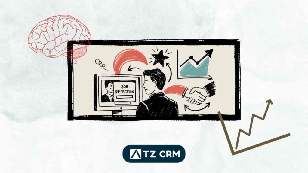 Illustration of a top talent professional navigating job rejection towards career success with handshake and growth charts – ATZ CRM journey visual