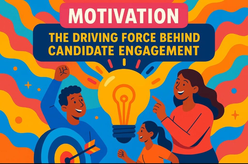 Colorful illustration of three cartoon characters with a glowing light bulb symbolizing motivation