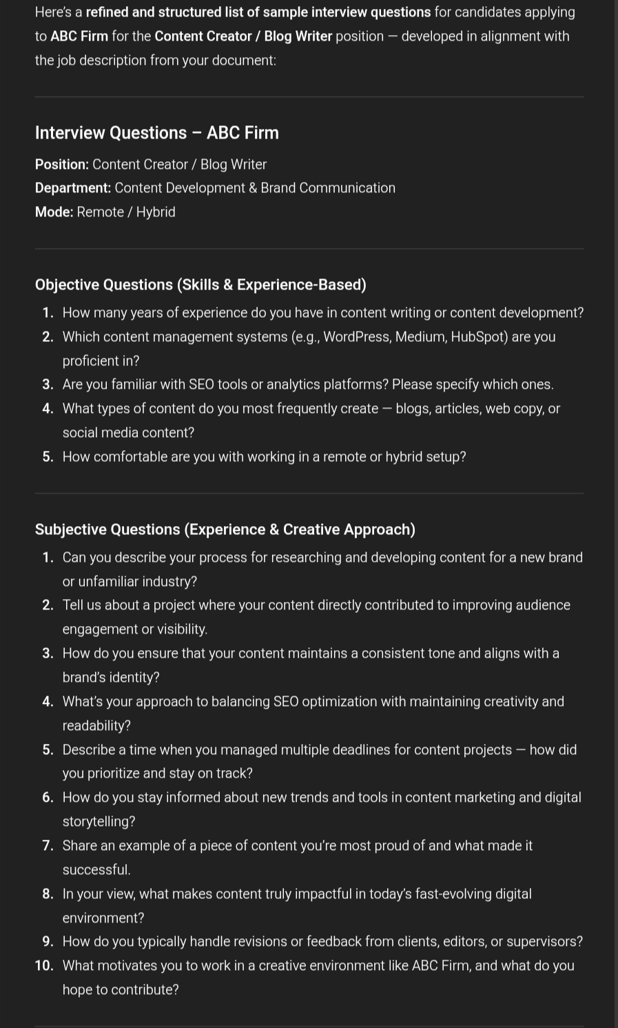 List of Sample Interview Questions Produced