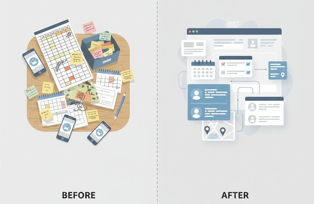 'Before and after comparison showing messy paper-based scheduling versus organized digital field service software.'