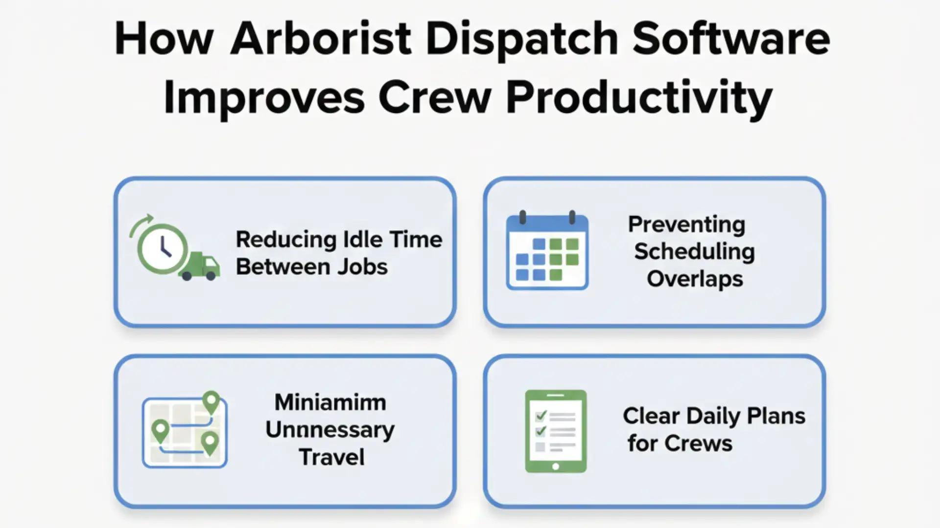 Arborist dispatch software improving crew productivity by reducing idle time, preventing scheduling overlaps, minimising travel, and providing clear daily plans.