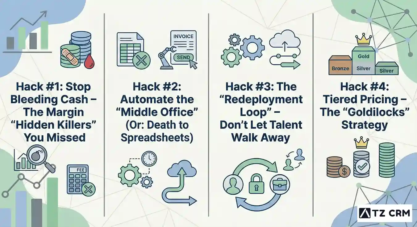 Infographic displaying four contract staffing hacks: #1 'Stop Bleeding Cash', #2 'Automate the Middle Office', #3 'The Redeployment Loop', and #4 'Tiered Pricing Strategy', featuring financial and automation icons.