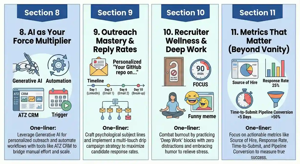 Infographic: AI automation, outreach mastery, recruiter wellness, and actionable hiring metrics.