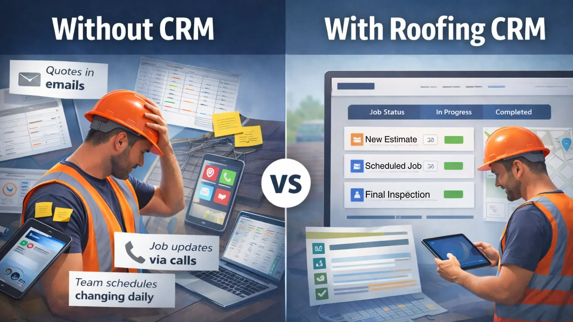 Roofing crew using mobile CRM app to update job status on site
