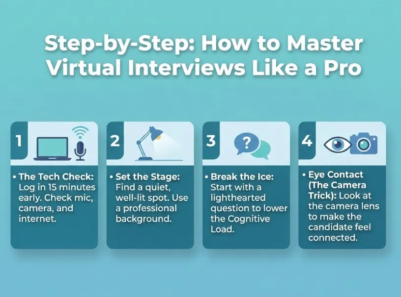 An infographic titled "Step-by-Step: How to Master Virtual Interviews Like a Pro" featuring four numbered tips: checking tech, setting a professional stage, breaking the ice, and maintaining eye contact with the camera.