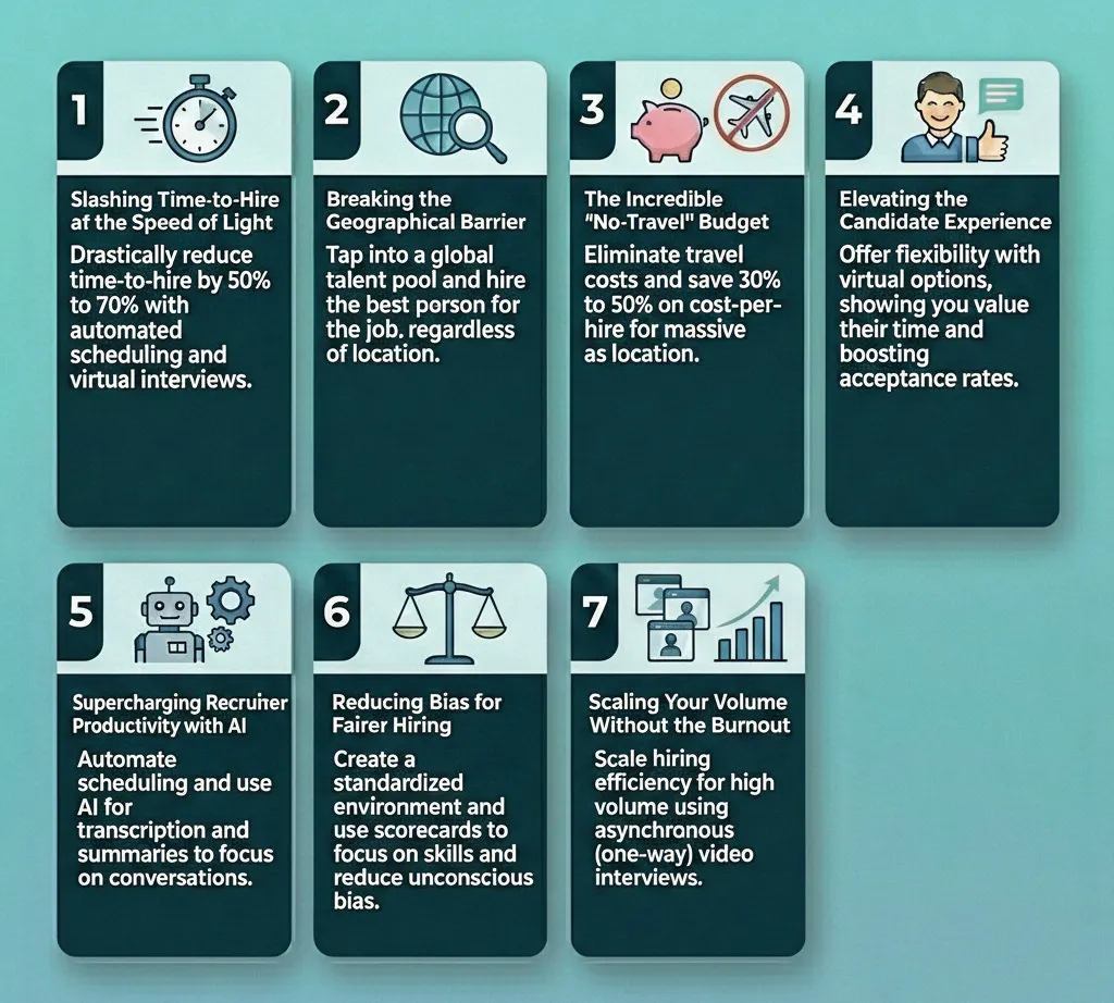 An infographic outlining seven benefits of virtual hiring, including reduced time-to-hire, global recruitment, cost savings, improved candidate experience, AI productivity, reduced bias, and scalable volume.