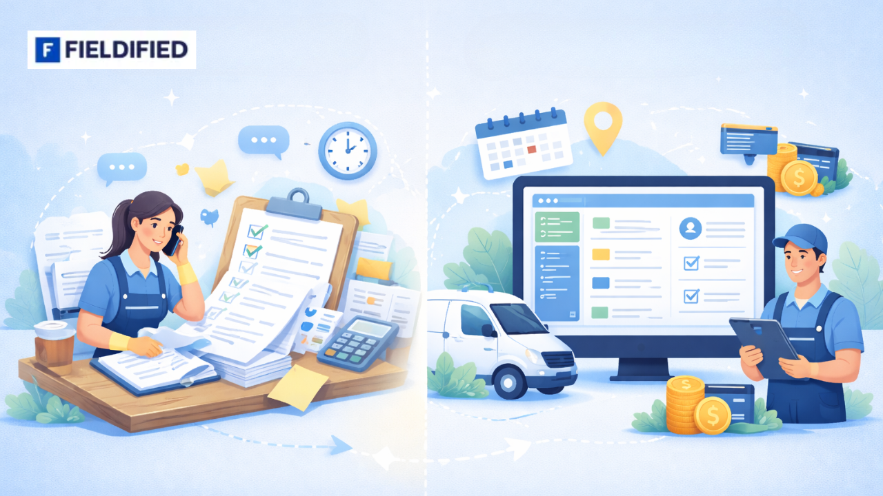 Cleaning business manager reviewing job tracker dashboard on tablet