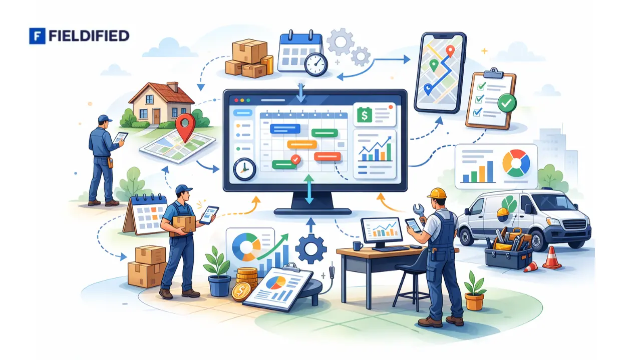 Service business owner comparing field service software options on laptop