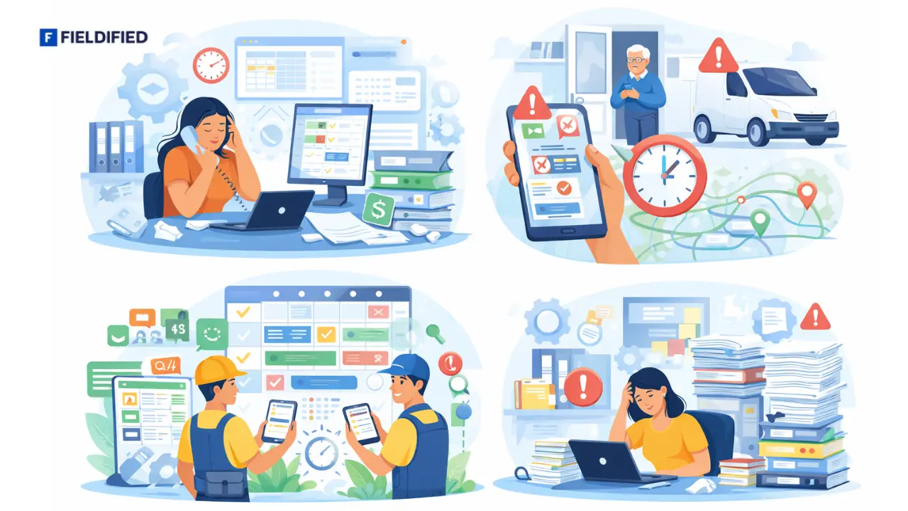 Service business dispatcher managing technician schedules on digital scheduling board