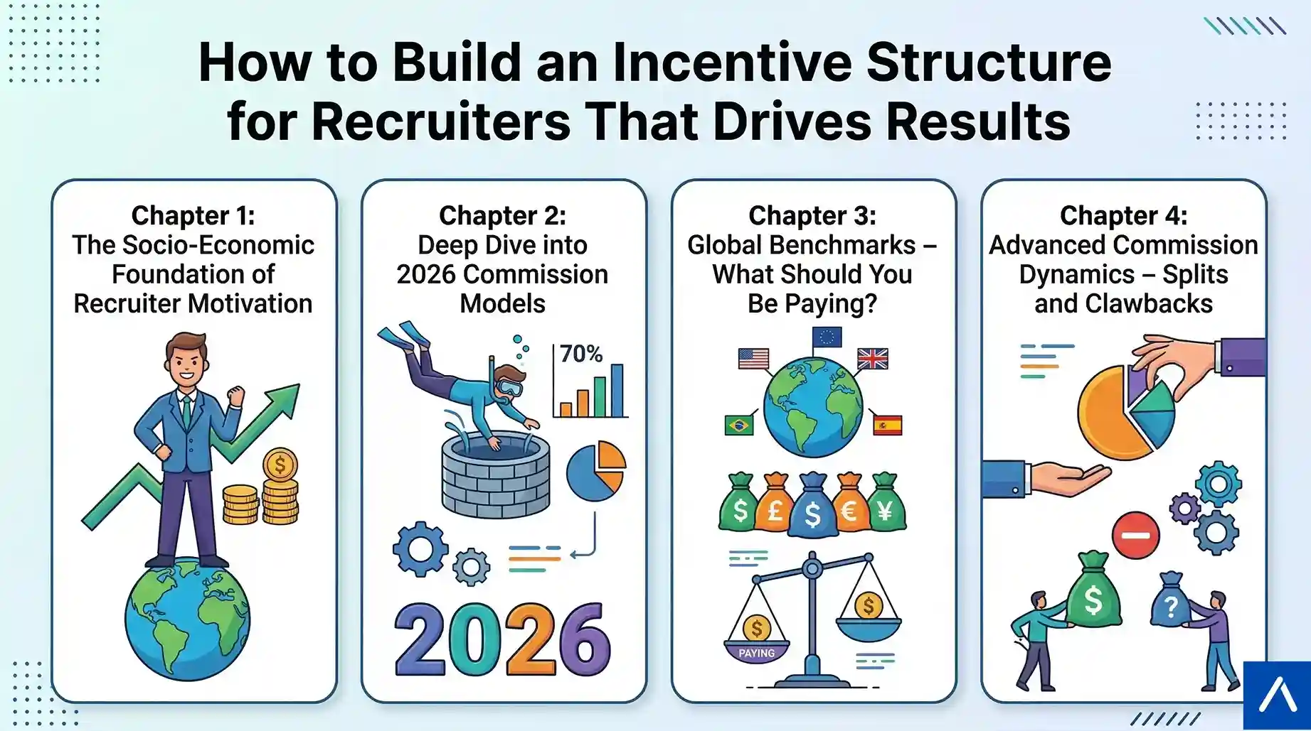 A four-chapter infographic titled 'How to Build an Incentive Structure for Recruiters That Drives Results,' with illustrated panels for each chapter covering motivation, commission models, global benchmarks, and commission dynamics.