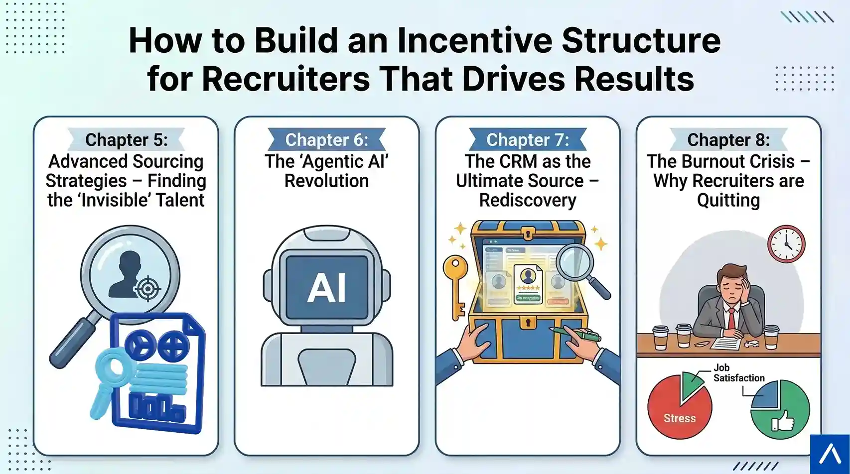 An infographic titled "How to Build an Incentive Structure for Recruiters That Drives Results," featuring four panels: Chapter 5 on Advanced Sourcing Strategies, Chapter 6 on the Agentic AI Revolution, Chapter 7 on CRM Rediscovery, and Chapter 8 on the Burnout Crisis.
