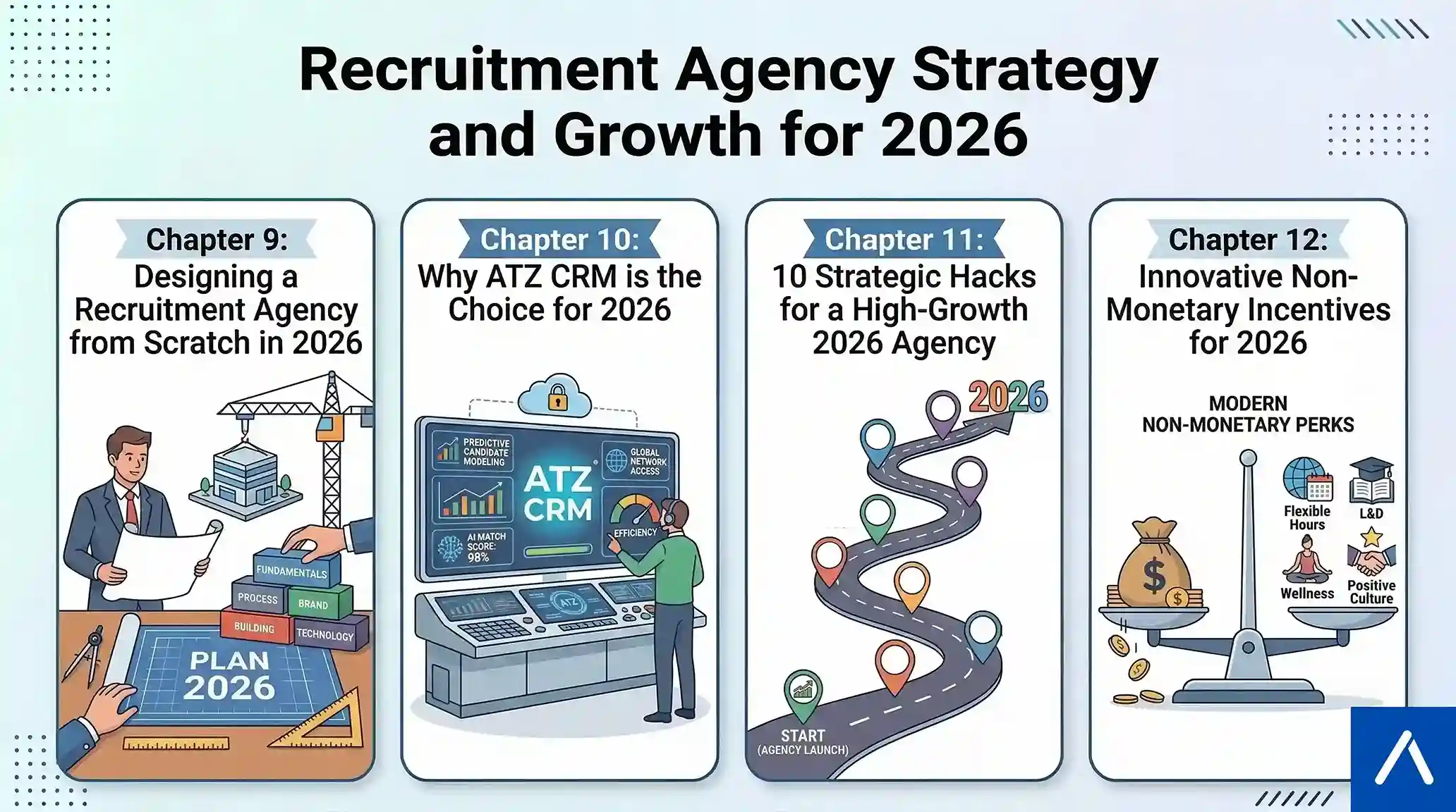 An infographic titled "Recruitment Agency Strategy and Growth for 2026," featuring four panels: Chapter 9 on designing an agency from scratch, Chapter 10 on ATZ CRM, Chapter 11 on strategic growth hacks, and Chapter 12 on innovative non-monetary incentives.